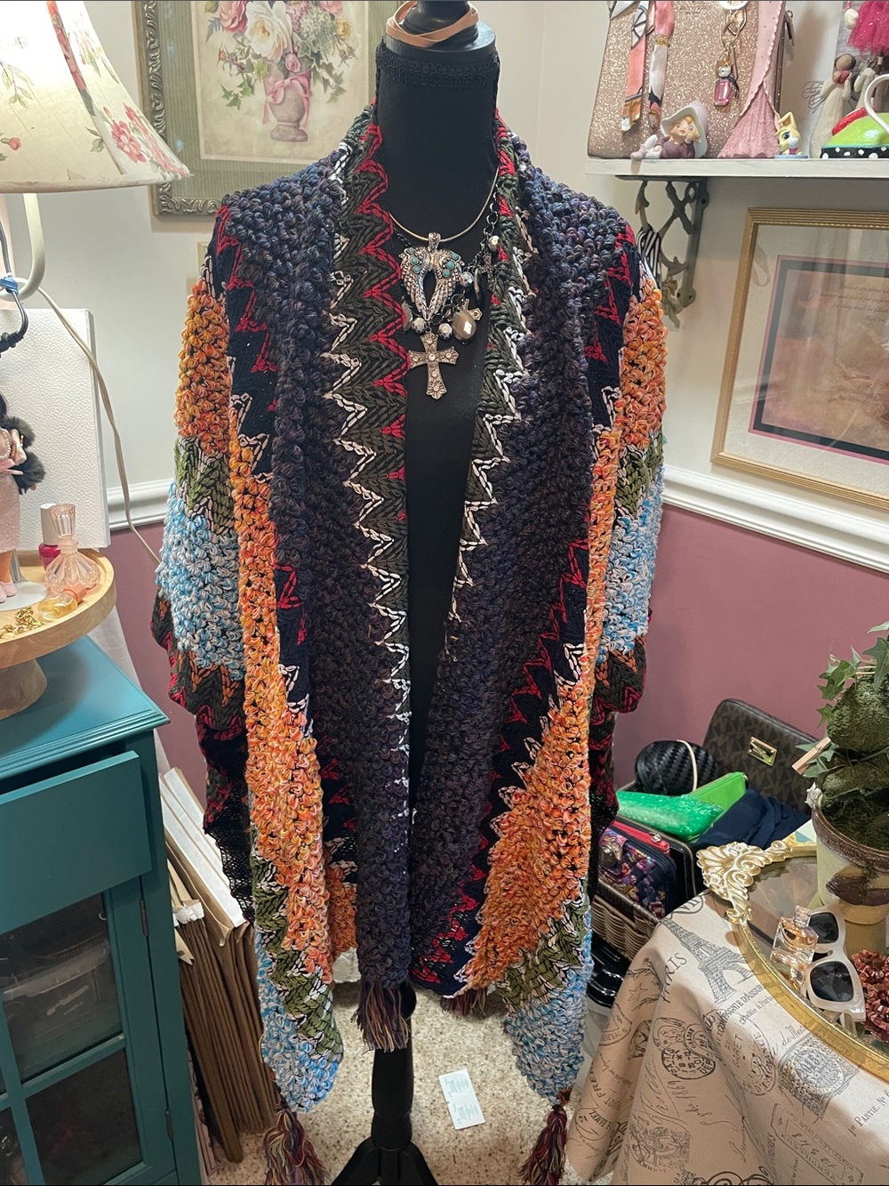 Multicolor Crochet Poncho Shrug with Tassel Trim - Women's Layering Cardigan